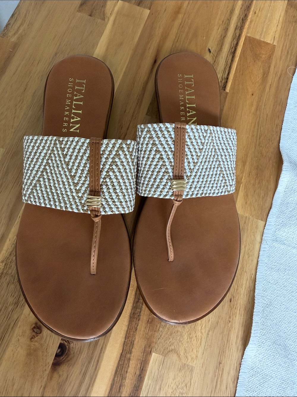 Italian Shoemakers Tan Leather Slide Sandals with White Woven Strap